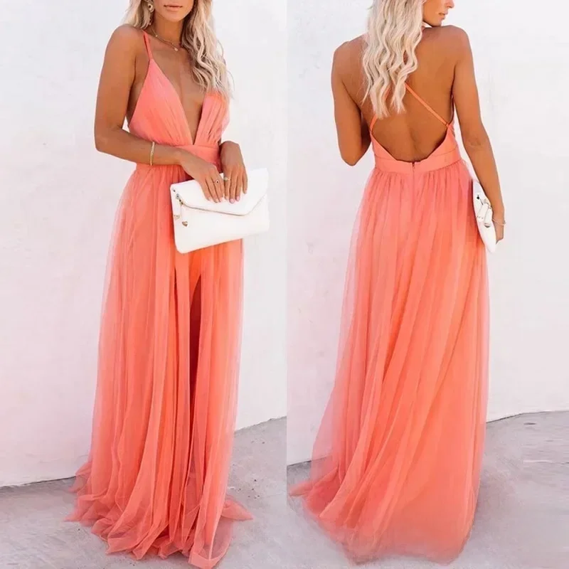 Dames avondfeest hoge taille vloerlengte sexy jurk oranje mouwloze rugloze gaas lange jurk - afbeelding 2