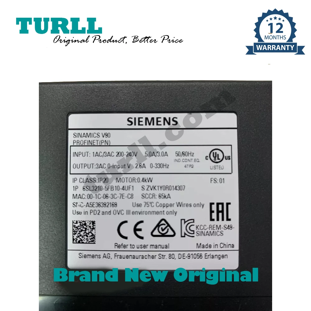 6SL3210-5FB10-4UF1 6SL32105FB104UF1 SINAMICS V90, with PROFINET Input voltage: 200-240 V 1/3-phase AC Original Brand New SIEMENS