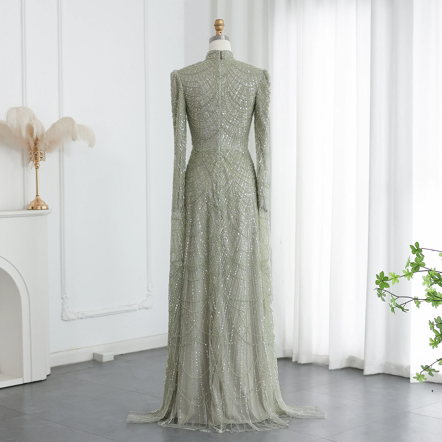 Sharon Said Luxuriöse Dubai Salbeigrüne Muslimische Abendkleider mit Cape-Ärmeln und Hohem Kragen für Arabische Hochzeitsfeier SS630 Maßanfertigung – Detail 17