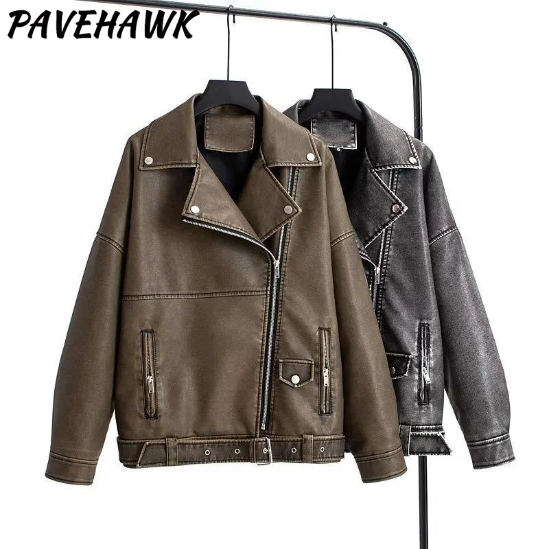 Women Vintage Pu Leather Jackets Lapel Zipper Loose Streetwear Motorcycle Coats Autumn Winter Thick Warm Casual Punk Outwear