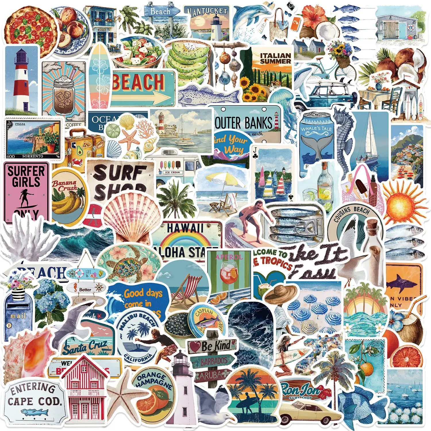 100 Stück Vintage Sommer-Themen Strand- und Surf-Ästhetik Aufkleber Graffiti-Sticker für Laptop, Wasserflasche, Gepäck, Wasserfeste Aufkleber