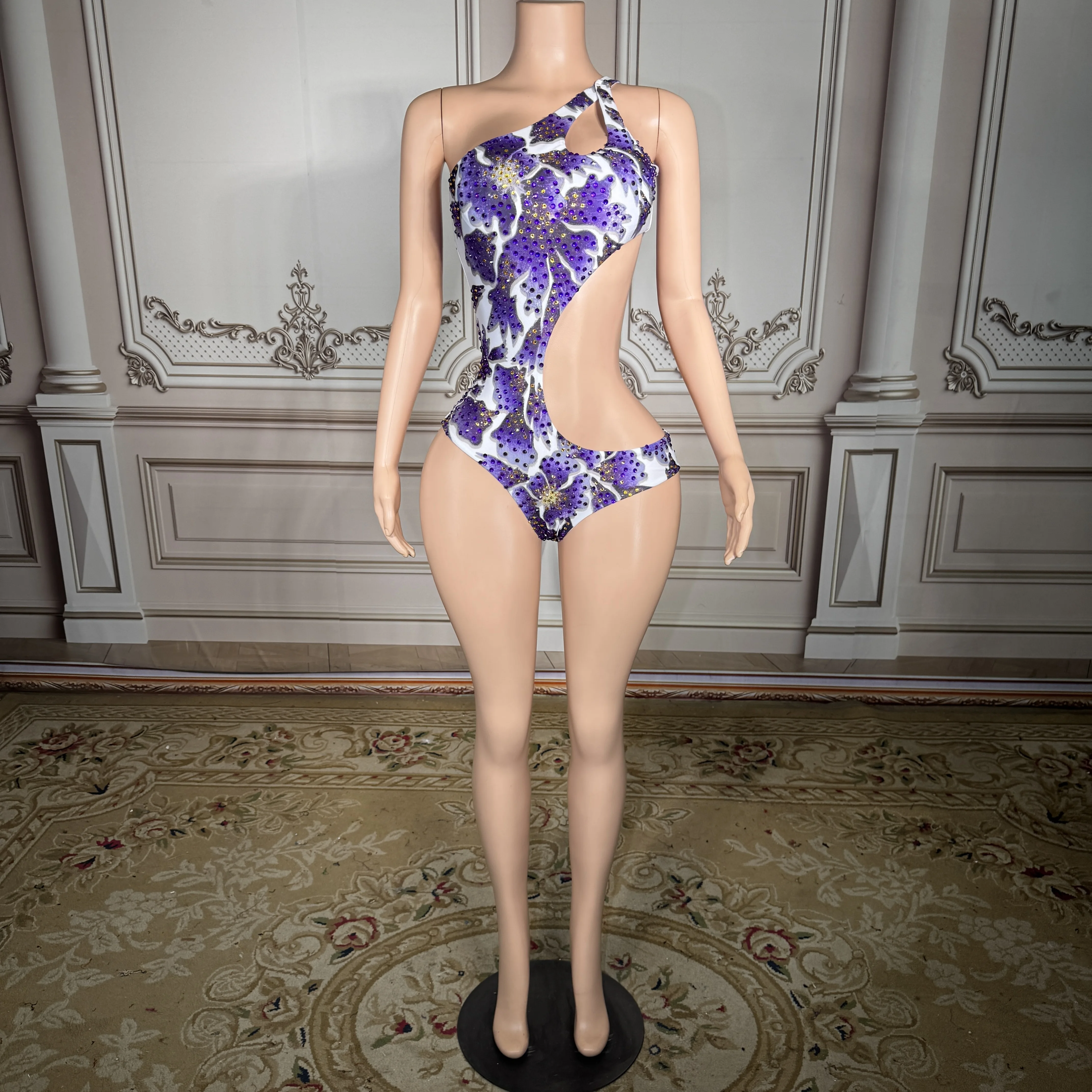 

ZD Summer Essential Purple Gold Floral Monokini Women Sexy One-Shoulder Cutout Beachwear Suit