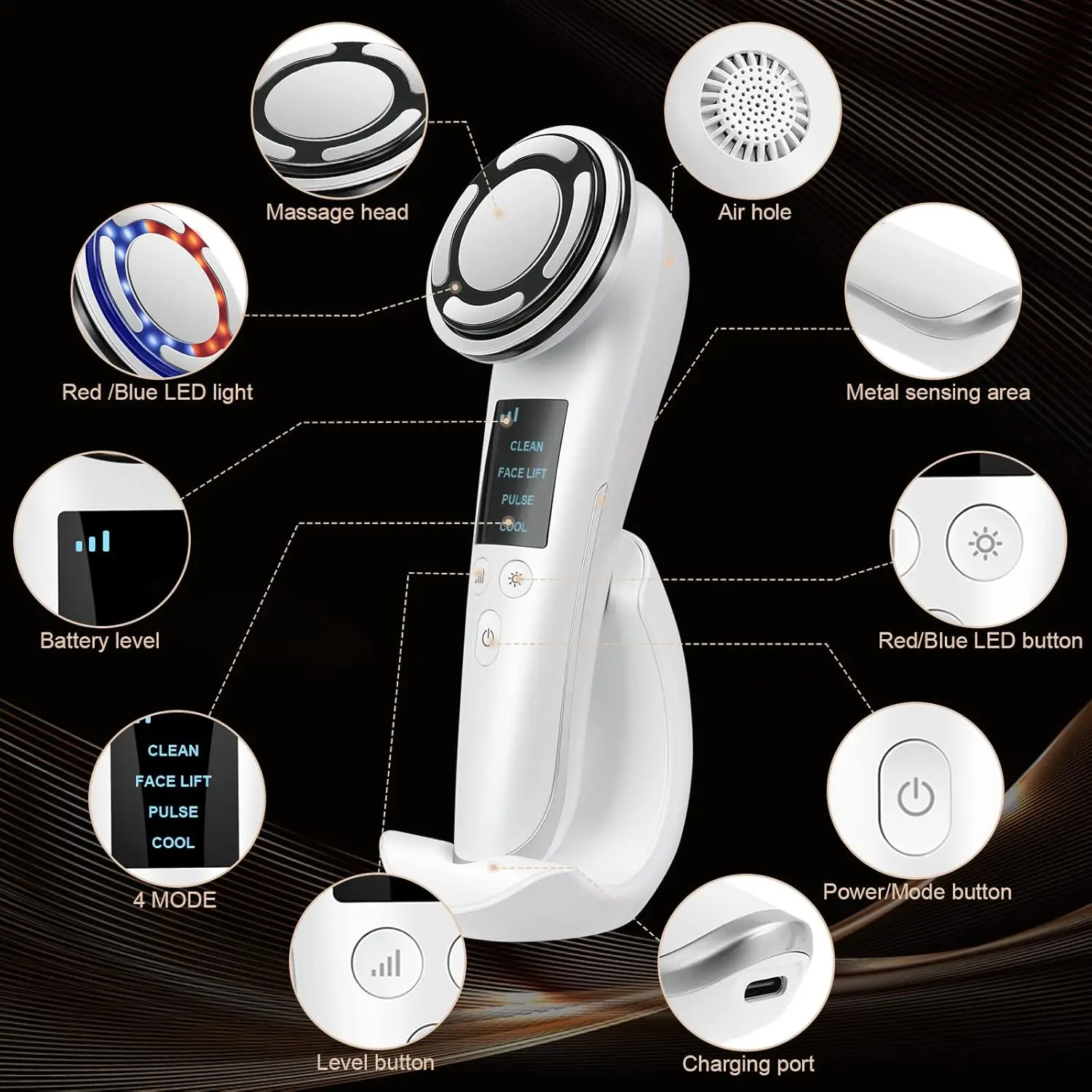 8-in-1-Gesichtsmassagegerät für die Hautpflege, Schönheitsgerät, Multi-Anti-Falten-Hochfrequenz-EMS-Gesichtslifting, Tonisierung mit roter/blauer Maschine