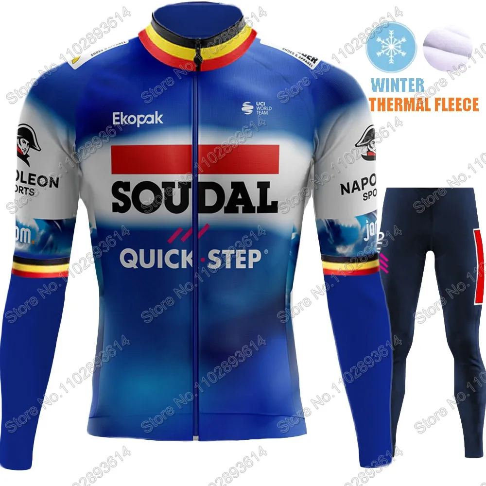 Soudal Quick Step 2024 Belgium Cycling Jersey Winter Clothing Set Thermal World Champion Long Sleeve Pants Bib Bike Suit MTB