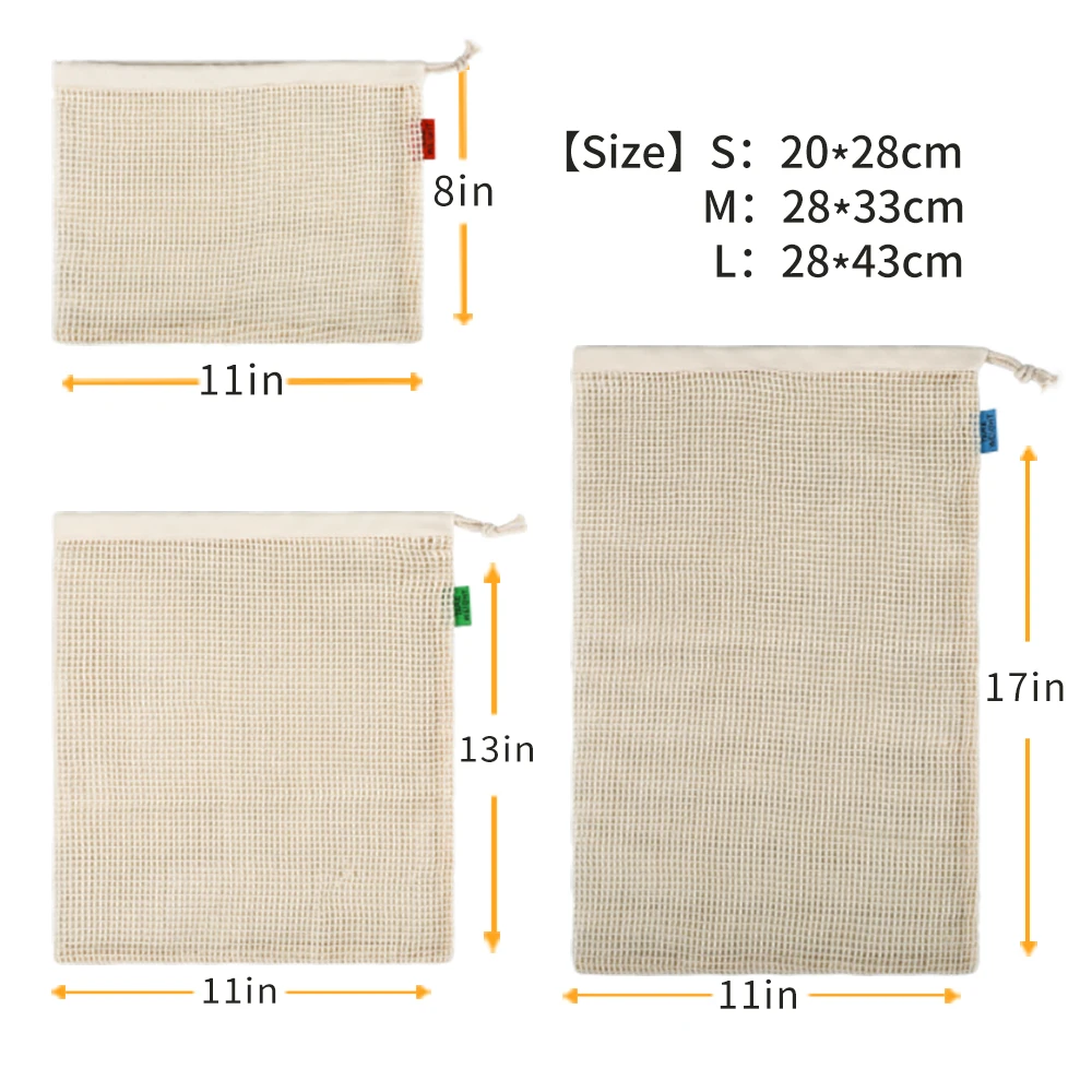 Organic Cotton Reusable Produce Bag, Durable, Eco Friendly, Fruit Potato Mesh Storage Bags Drawstring Organizer