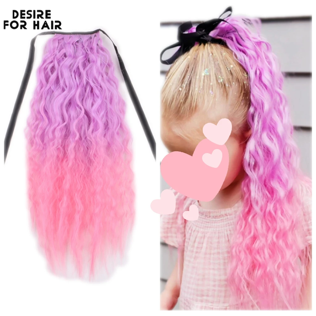 Ombre Blue Pink 22Inch Wavy Curly Ribbon Ponytail For Kids and Women Synthetic Clip In Drawstring Ponytail Extension Hair Piece