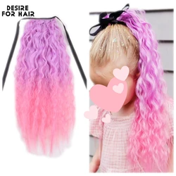 Ombre Pink Synthetic Curly Ponytail Drawstring 22Inch Wavy Clip In Ponytail Extensions For Kids Party Event Daily Wearing