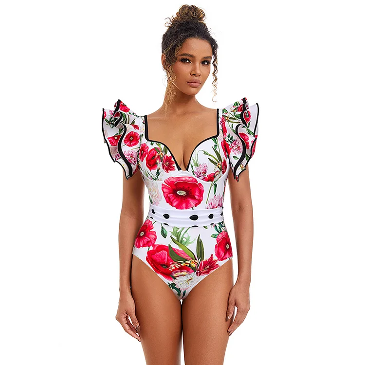 2024 Ruffled Rose Printed One Piece Swimsuit and Skirt Swimwear Set Women Beachwear Luxury Bathing Suit