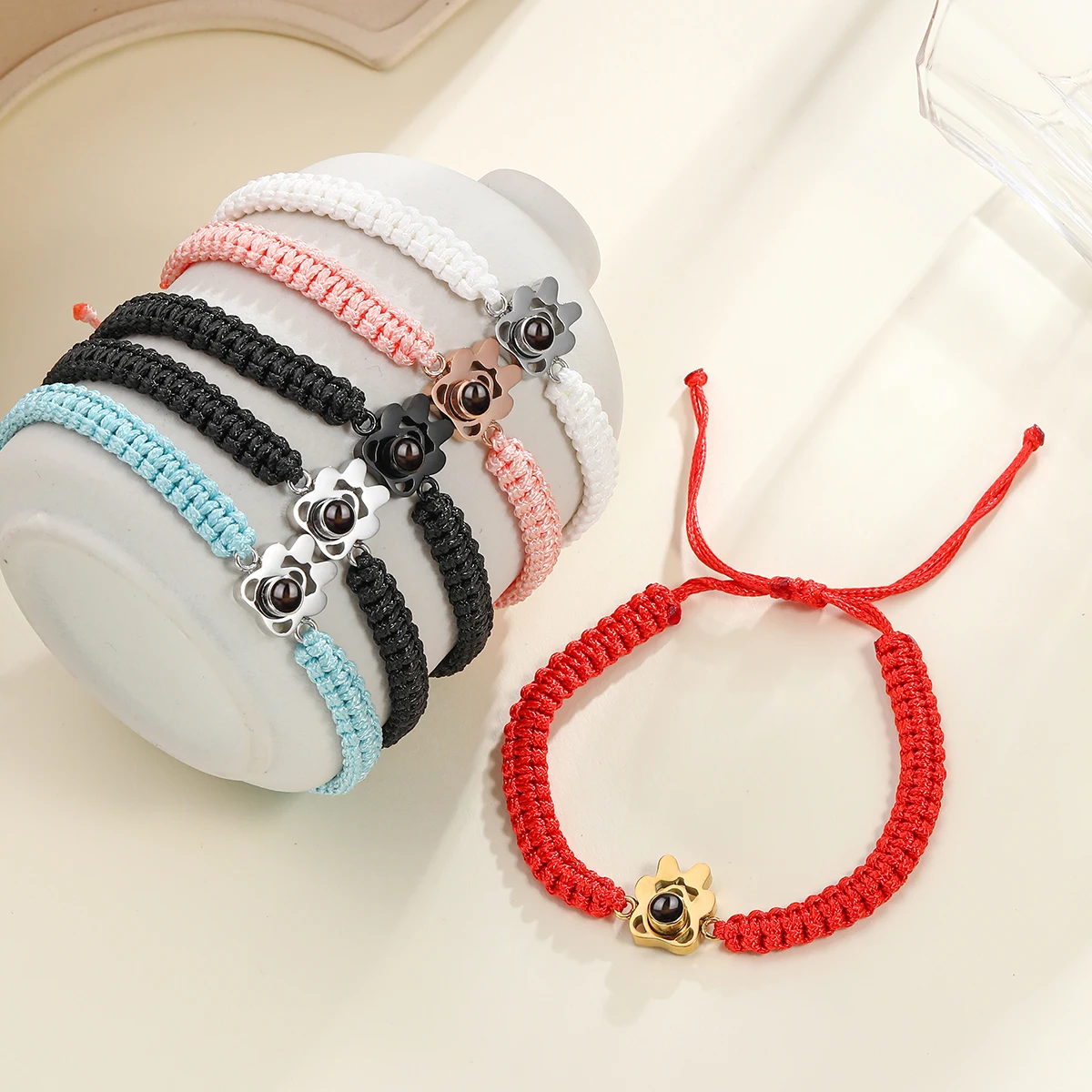 Personalized Pet Photo Braided Rope Projection Bracelet Custom Dog Paw Bracelet with Picture Inside Memorial Image Gift for Her