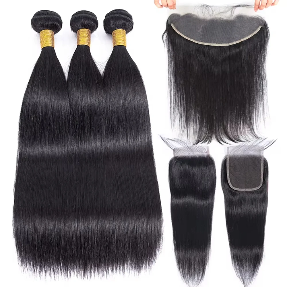 Straight Bundles With Frontal Closure Human Hair Double Weft Quick Weave 3 Bundles with 13x4 Frontal 4x4 Closure Pre Plucked #1B