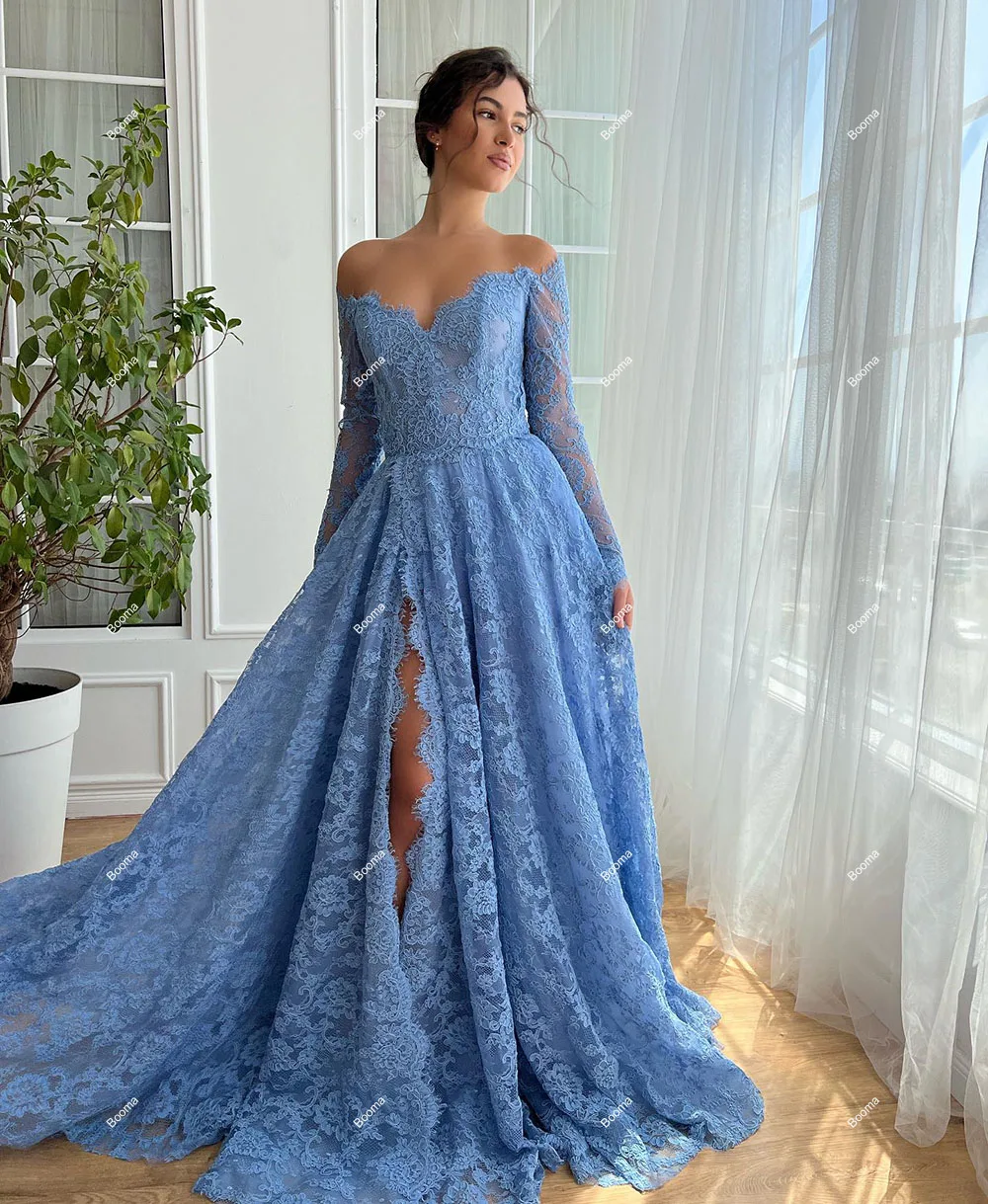 Booma A-line Long Prom Dresses Off Shoulder Lace Formal Occasion Dresses for Women High Silde Slit Evening Gowns Bespoke