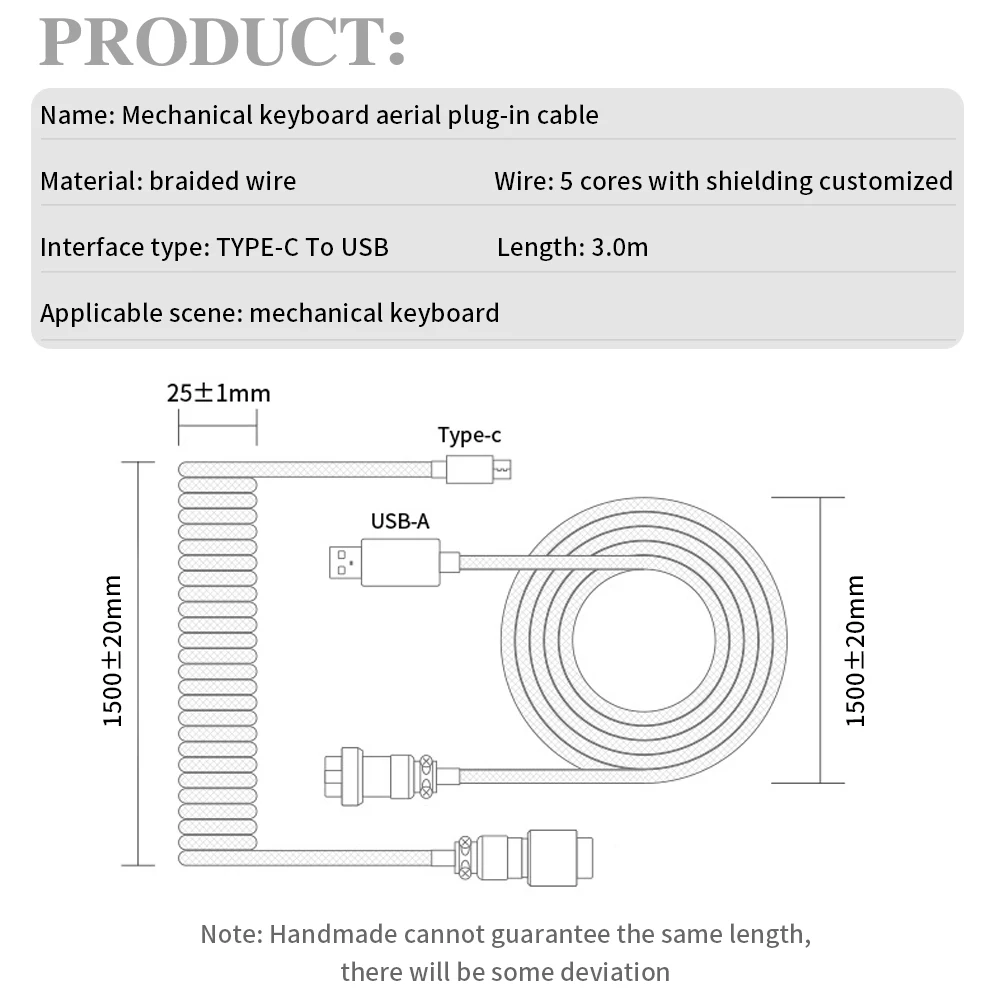 3 미터 기계식 키보드 코일 형 케이블 와이어 유형 C 사용자 정의 Usb 포트 케이블 게임 키보드 액세서리 용 Aviator 코일 링 케이블