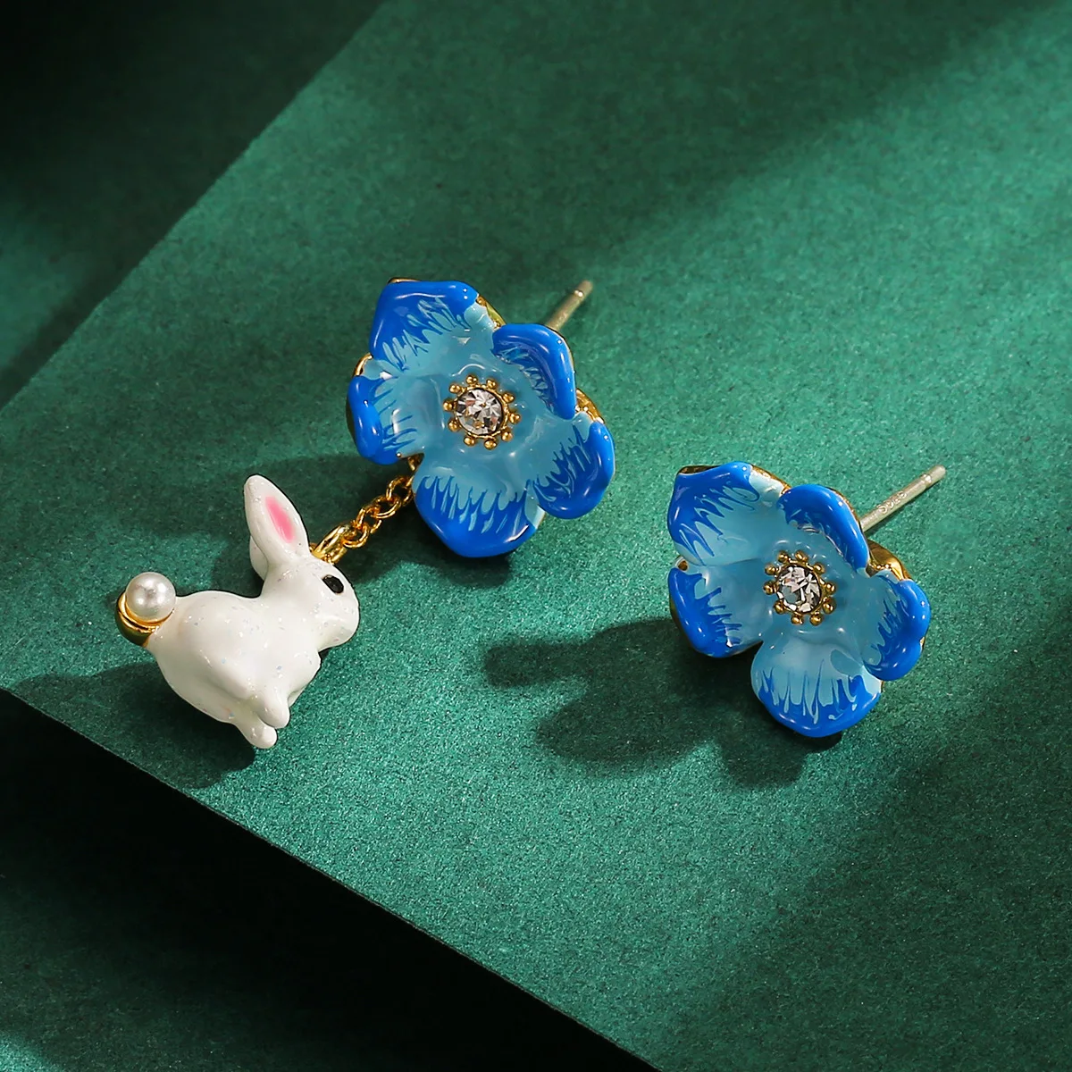 ArLea New Temperament Handmade Enamel Earrings Blue Flower Rabbit Symmetrical Earrings 925 silver Needle Earrings Birthday Gifts