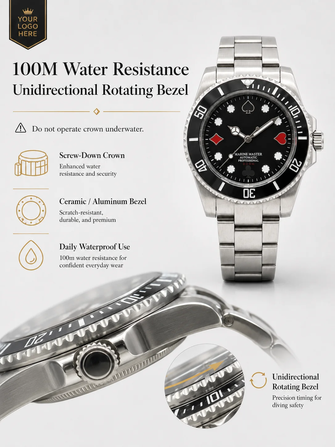 Automatikuhr mit Eigenem Logo NH35 für Herren 40mm Saphirglas 316L Edelstahl Taucherstil Mechanische Armbanduhr 100M Wasserdicht – Detail 5