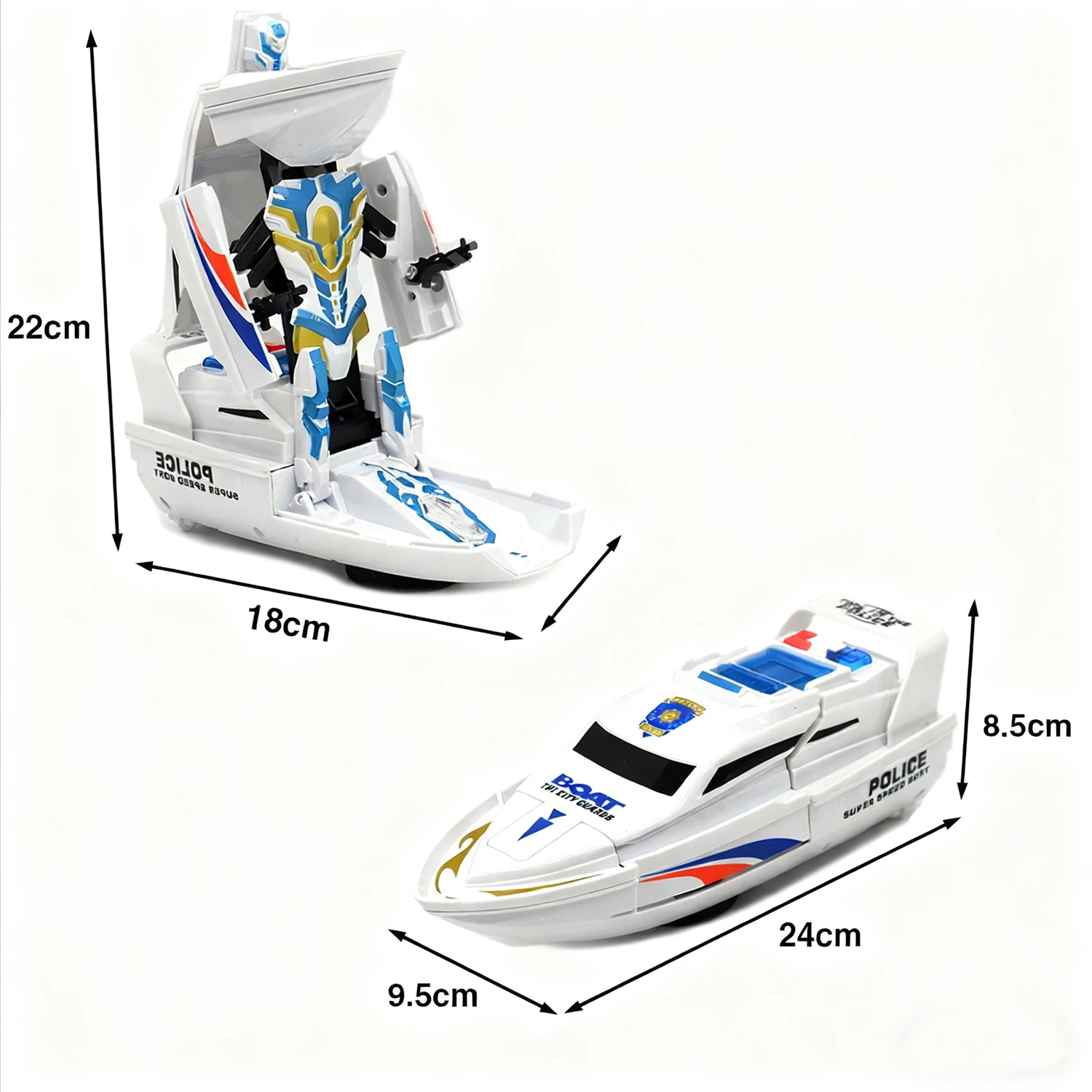 قارب شرطة سريع وروبوت قابل للتحويل مع حركة وأضواء ومؤثرات صوتية: روبوت شرطة، هدية عيد ميلاد مثالية للطفل. #4