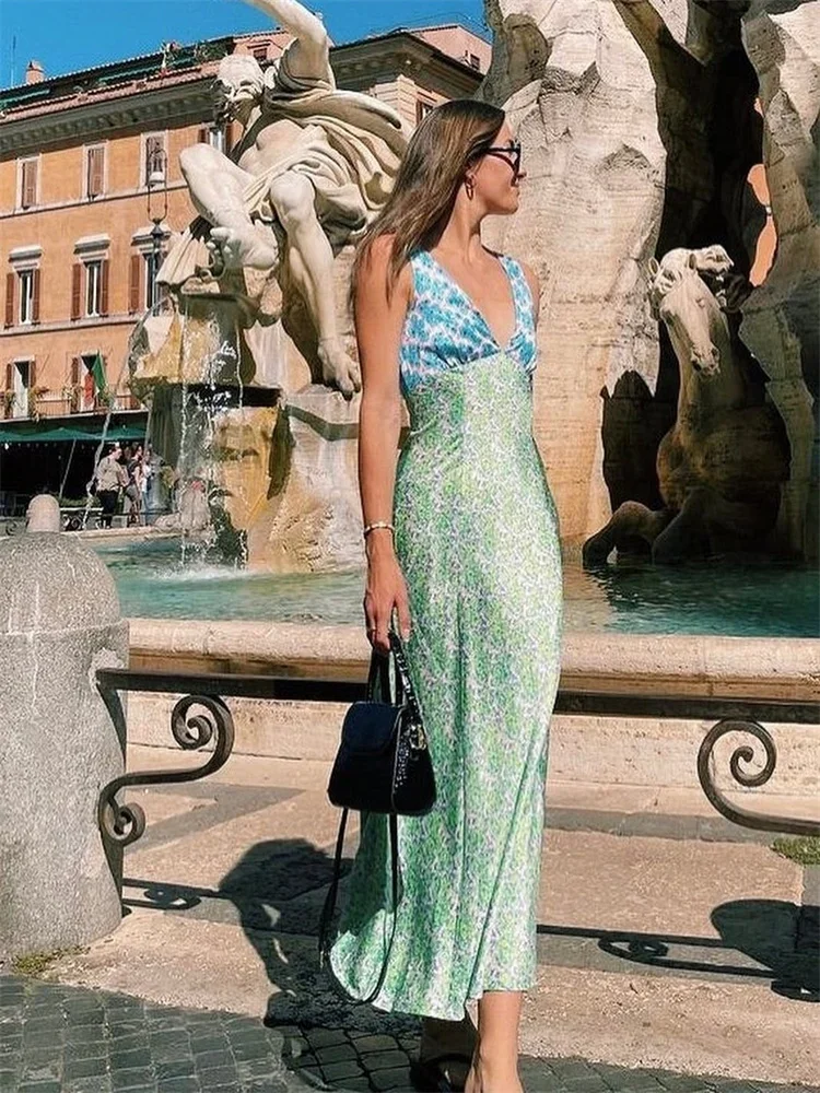 Frauen Sommer Bohemian Bodycon Midi Kleid Vintage Blumen druck tiefen V-Ausschnitt ärmellose Strand