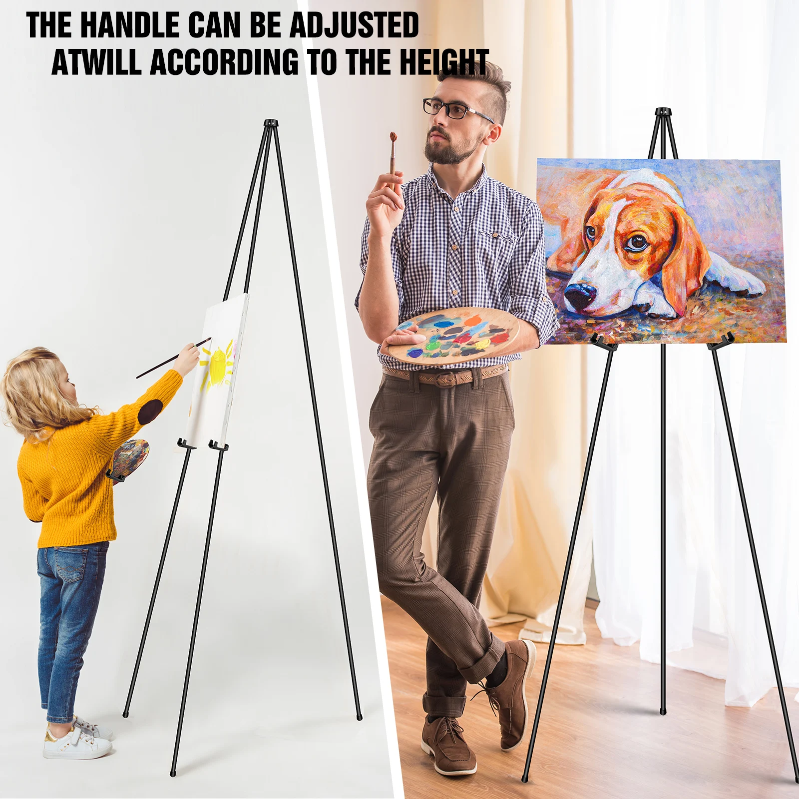 Display Easel Stand for Wedding Sign & Poster, 160cm/63'' Portable Artist Easel Display Metal Balck Easel Folding Tripod Easel for Floor, Retractable Adjustable Display Painting Easel, Easy to Fold