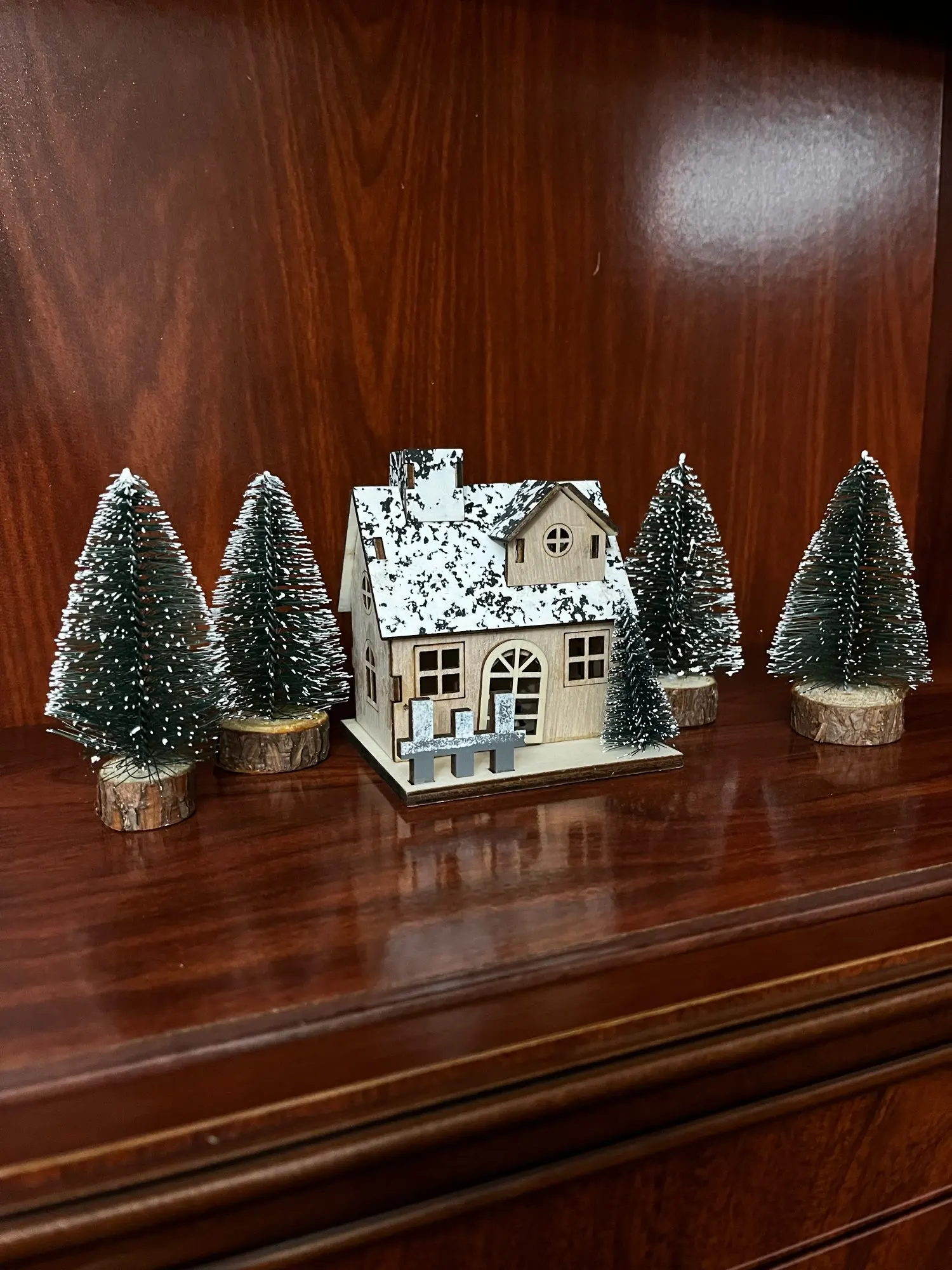 LED Wooden Christmas House Village Unfinished Xmas Snow House DIY Wood Chalet Tree Ornaments Christmas Table Centerpieces photo review