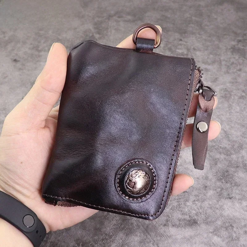 Portmonetka dla mężczyzn Vintage Mini portfel Oryginalna skórzana saszetka na drobne Przenośna torba na klucze Torba na karty Uchwyt na kartę na zamek błyskawiczny — zdjęcie 2