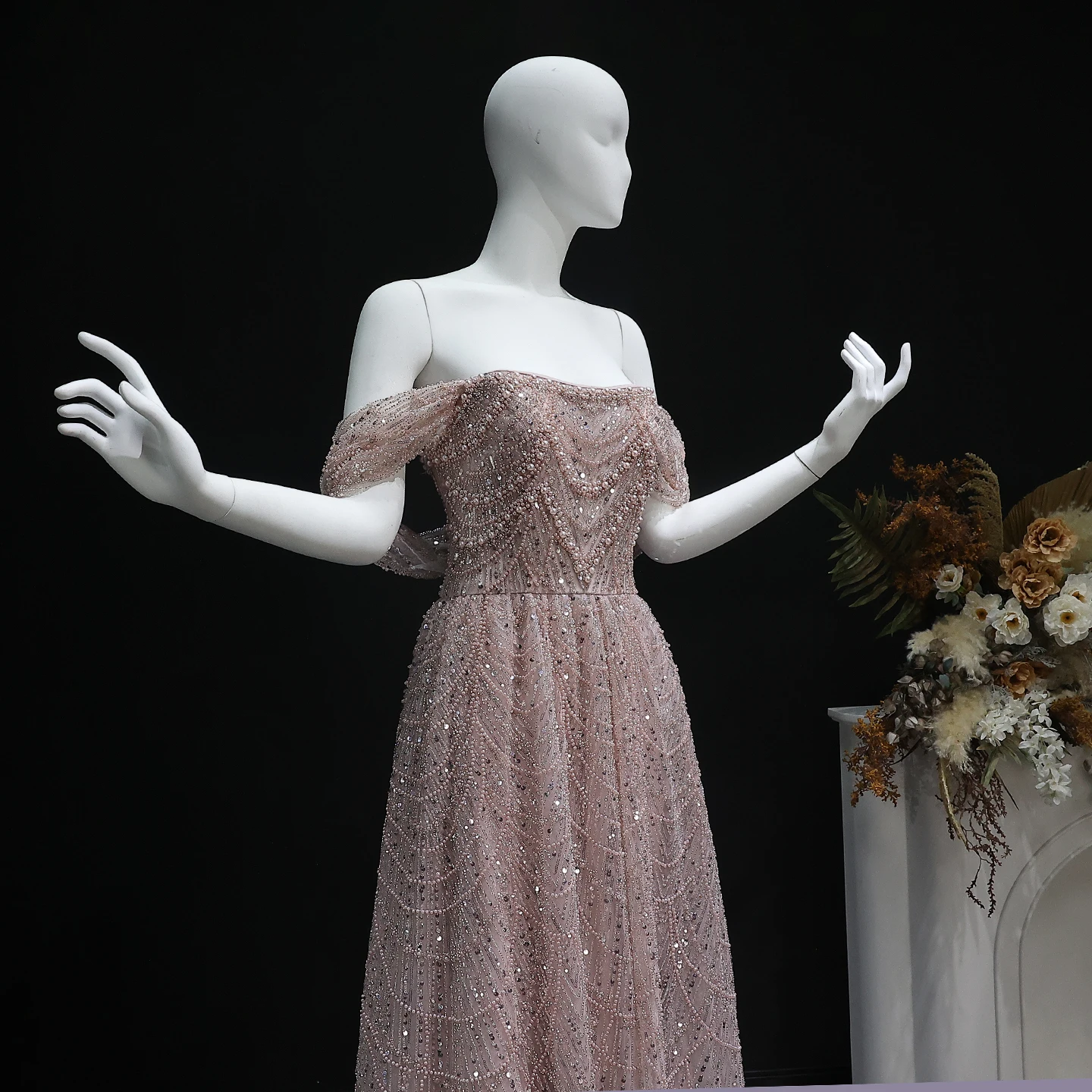 Sharon Said Luxuriöses Arabisches Perlenbesetztes Nude-Abendkleid für Dubai-Hochzeit, Schulterfrei, Übergröße, Formelle Partykleider SS676 Maßanfertigung – Detail 14