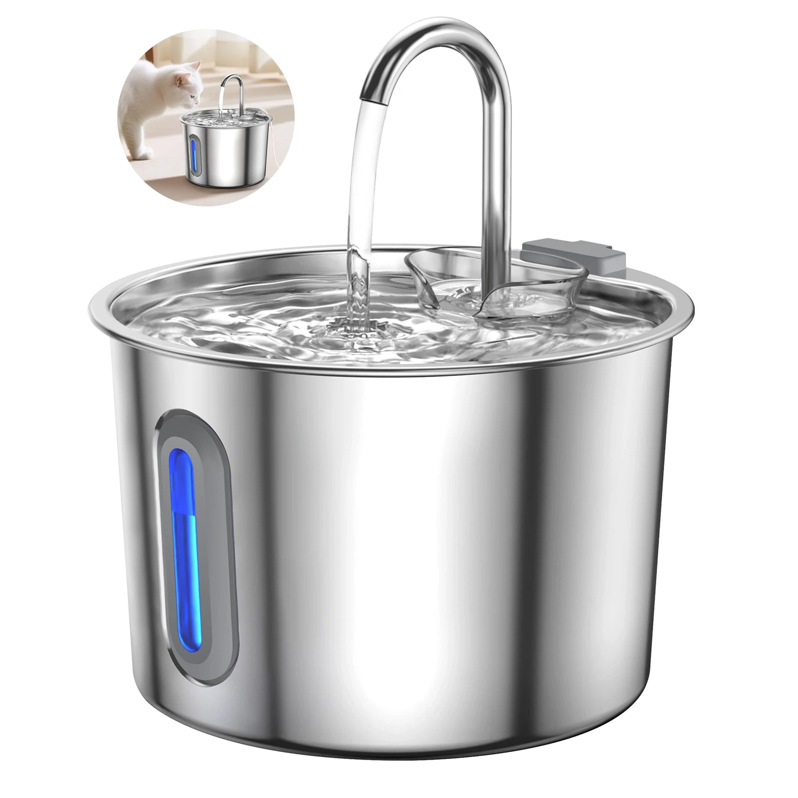 Automatic Cat Water Fountain, 2.2 L Stainless Steel Pet Fountain Dog Water Dispenser, Ultra Quiet, with Water Level Window