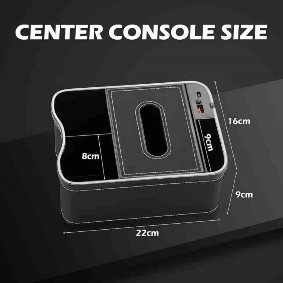تخزين مسند ذراع السيارة، وحدة تخزين مركزية عالمية، إضاءة محيطة LED بسبعة ألوان، حامل أكواب شحن سريع للسيارة