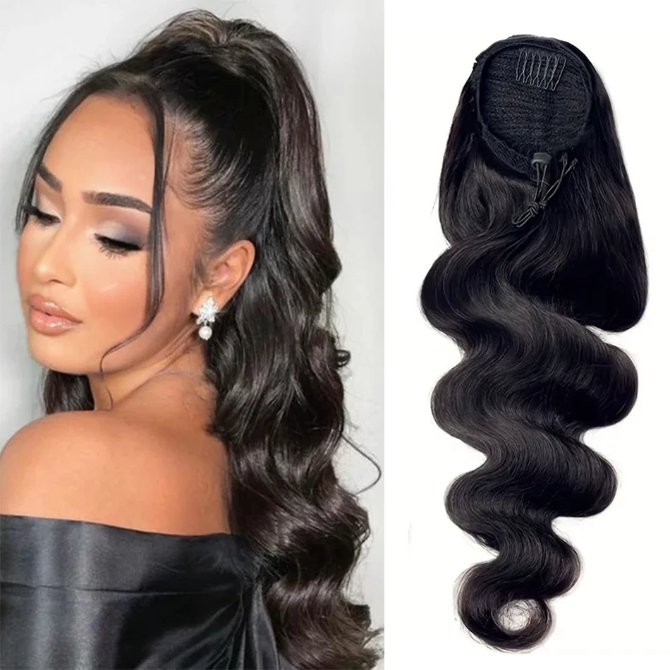 Bopdy Wave Ponytail Extension Drawstring Ponytail 100% Real Human Hair For Black Women Wavy Pony Tails Extensions 26 Inches