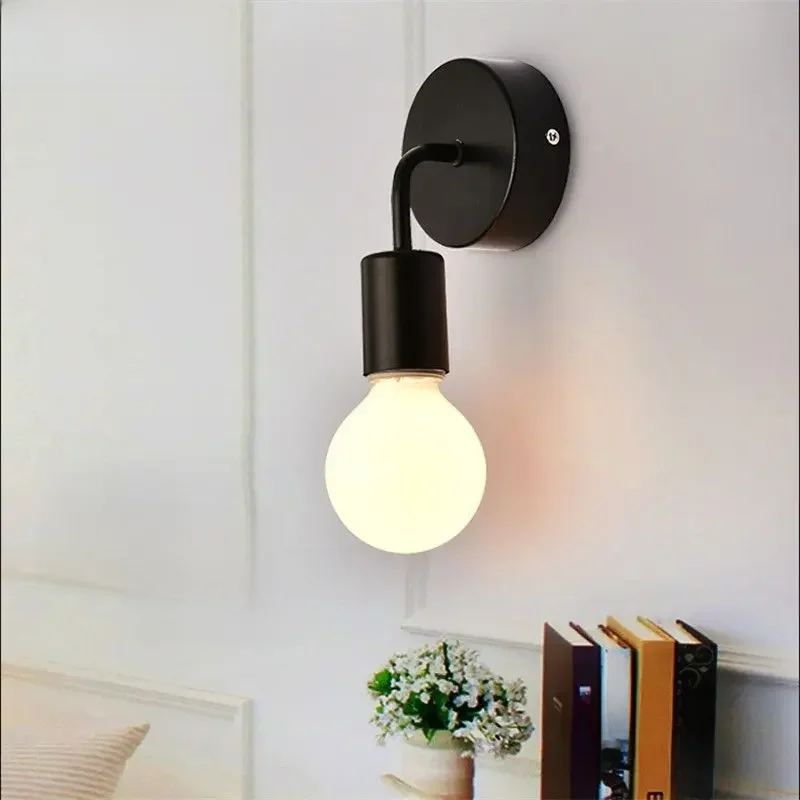 Modern Minimalist LED Iron Wall Lamp Nordic Bedroom Bedside Creative Living Room E27 Black and White Corridor Background Light