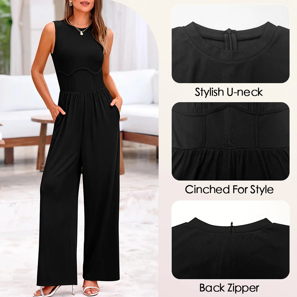 

Women's 2025 Elegant Wide Leg Jumpsuit Sleeveless Casual Holiday Bodysuit Fashion Spring Autumn Solid Color Slim Fit Jumpsuits P