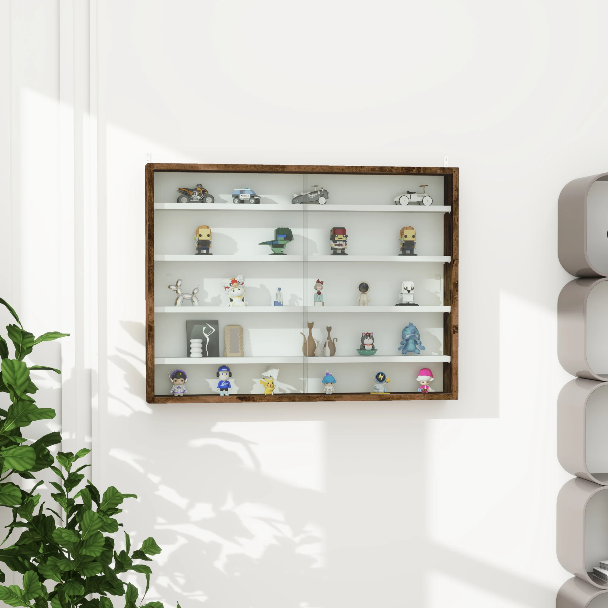 Vitrine murale en verre, vitrine murale à cadre en bois avec portes coulissantes en verre transparent et 5 étagères réglables, armoire murale anti-poussière pour figurines de collection, meubles de décoration intérieure