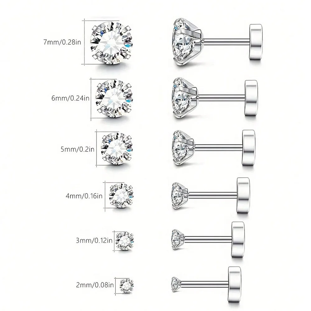 1 paar Edelstahl Kristall Flache Ohrstecker Frauen Männer Bar Schraube Zurück Tragus Runde Klar Zirkonia Piercing Ohrringe Schmuck – Detail 3