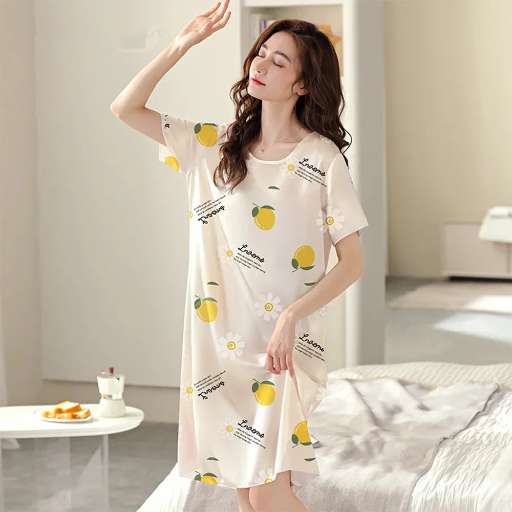 Plus Size Stretchy Loose Dress Summer Home Comfort Nightgown Energetic Wind Printed Women\'s Short Sleeve Knee-length Dresses