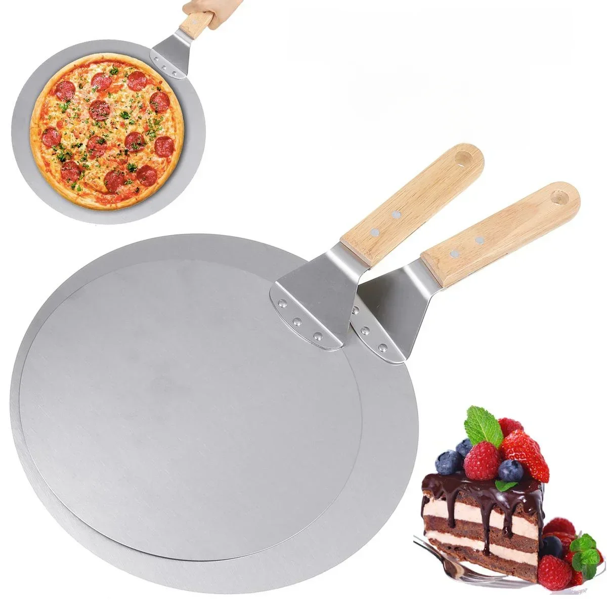 Pelle à Pizza 10/12 pouces, outils de pâtisserie, manche en bois en acier inoxydable, poêle ronde Anti-brûlure, ustensiles de cuisson
