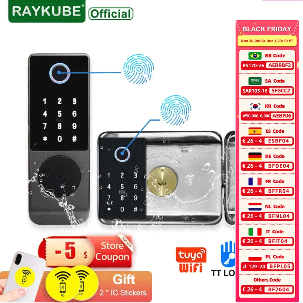 

Двойной замок RAYKUBE W7 из нержавеющей стали со сканером отпечатков пальцев, уличный Водонепроницаемый замок TT, умный дверной замок Tuya, цифровой электронный замок