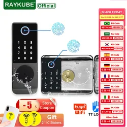 RAYKUBE-cerradura de acero inoxidable W7 para puerta exterior, dispositivo de cierre con doble huella dactilar, resistente al agua, TT, Tuya, inteligente, electrónica, Digital