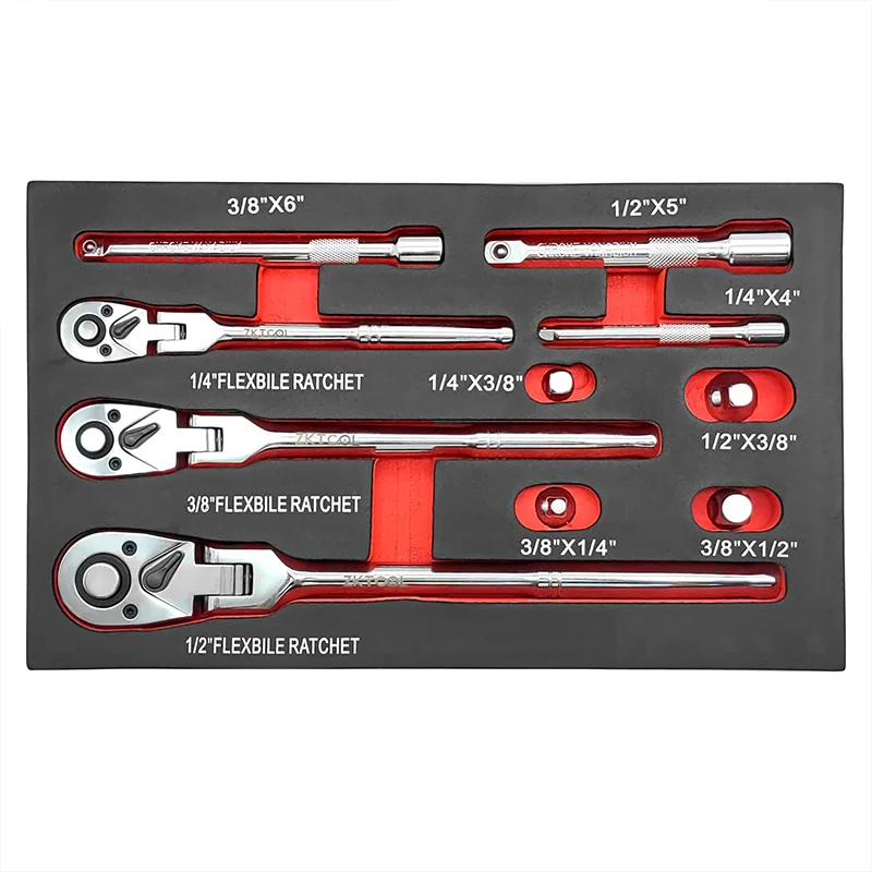 

10-piece flexible head ratchet kit, 1/4 inch, 3/8 inch, 1/2 inch drive, rotating head ratchet wrench with extension rod