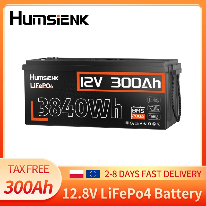 Humsienk 12V 300Ah LiFePO4 Lithium-Eisenphosphat-Batterie, integriertes 200A BMS, 3840Wh Tiefzyklusbatterie für Solarenergiespeicherung, Wohnmobile, Marine, Off-Grid & Notstromversorgung zu Hause