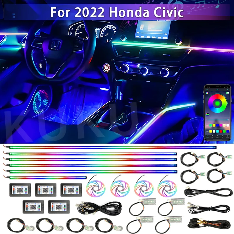 

Акриловые Яркие светодиодные ленты для салона автомобиля Honda Civic 2022, 64 RGB, 55 в 1