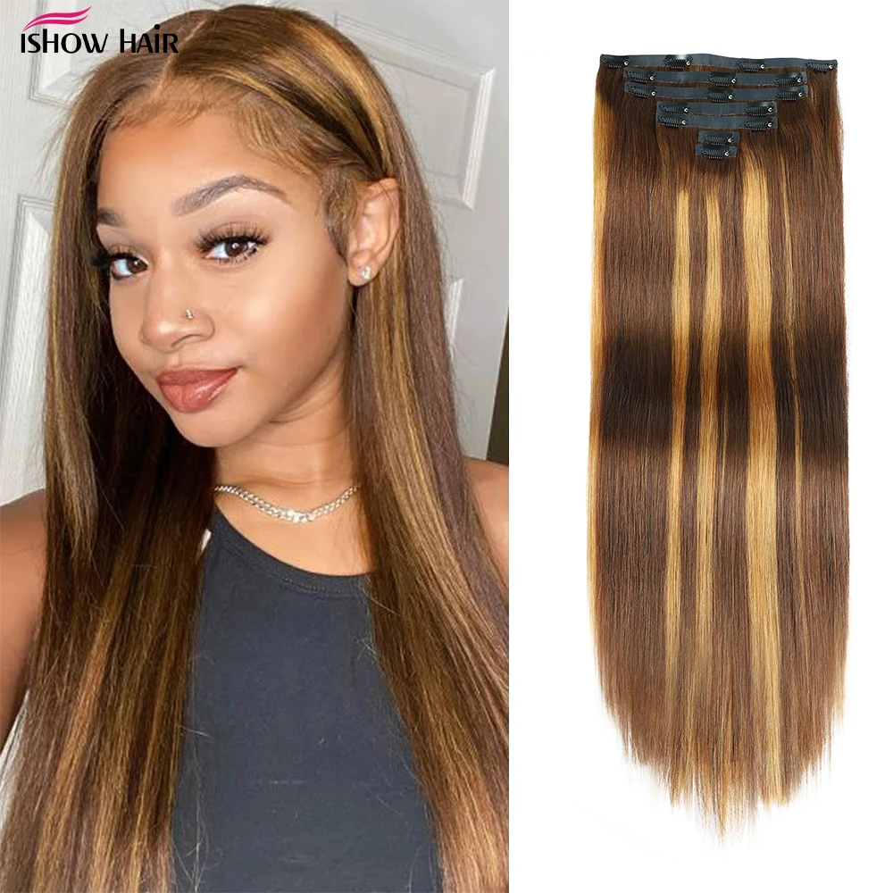 Ishow تسليط الضوء على كليب في شعر مستعار بشري P4/27 اللون البني مستقيم كليب في الشعر التمديد 7 9 قطعة/المجموعة كامل الرأس للنساء #1