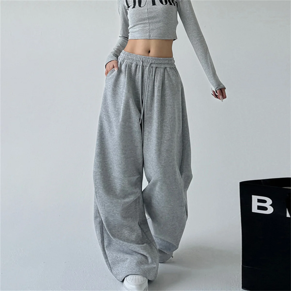 2025 New Harajuku Wide Leg Sweatpants Women Streetwear Baggy Oversize Gray Sports Pants Woman Drawstring Casual Joggers Trousers