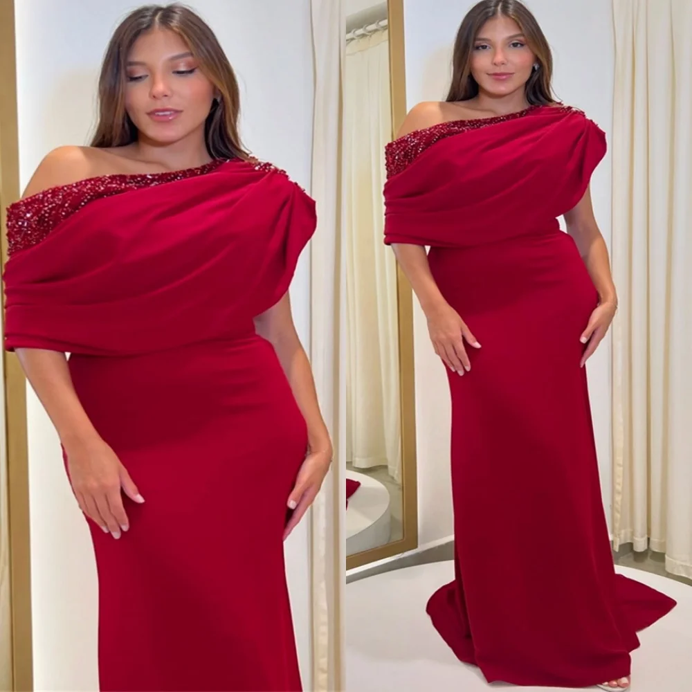 Customized Classic Red Jersey Evening Dress Exquisite One Shoulder Off the Shoulder Short Sleeves Beading Homecoming Dress
