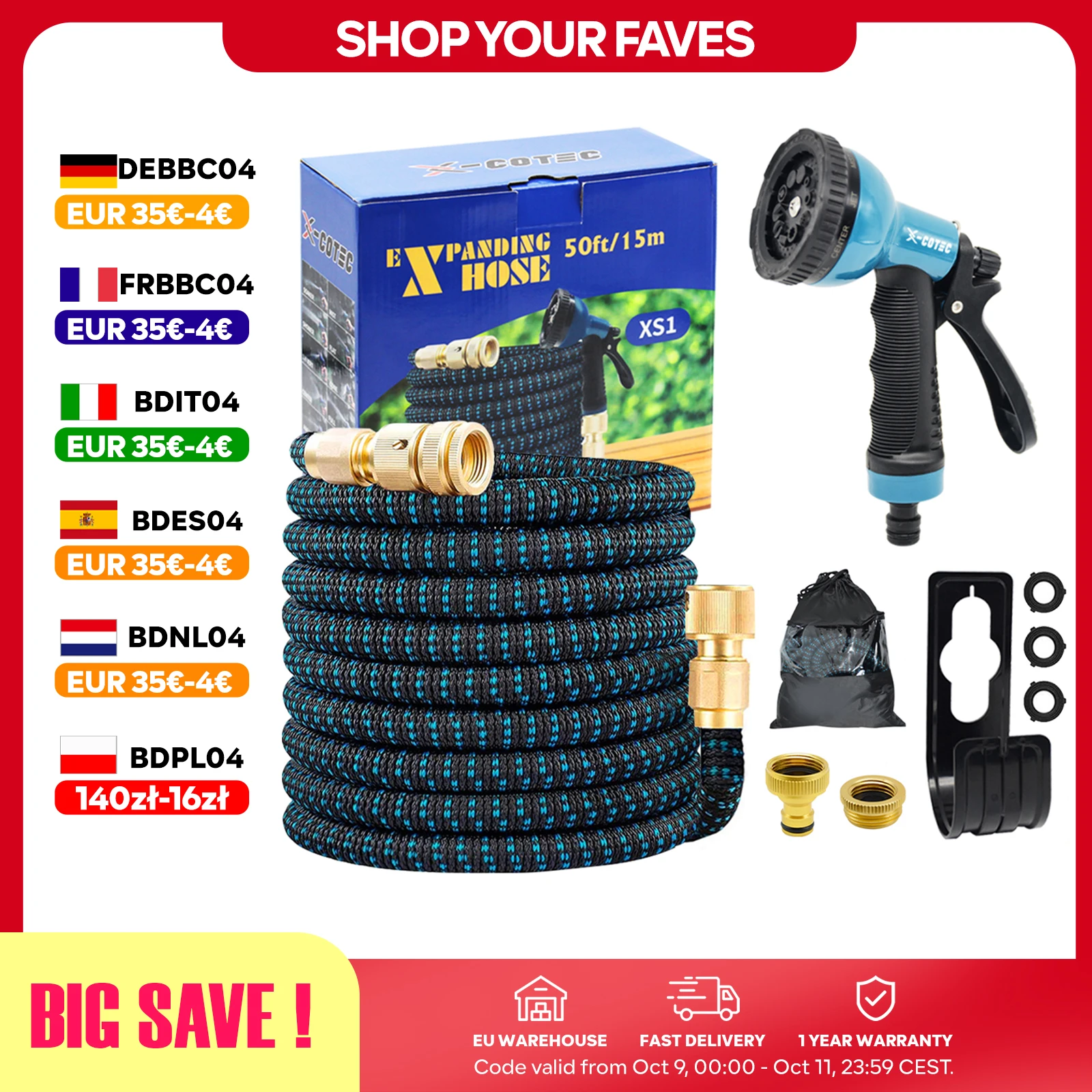 X-COTEC Flexibler Gartenschlauch 15m/30m, Dehnbarer Wasserschlauch mit 1/2" & 3/4" Messinganschlüssen und 10-Funktionen-Handbrause für Garten, Rasen, Autowäsche