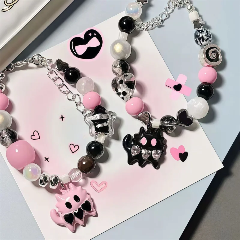 2Pcs Y2K Cute Ghost Cat Bead Jewelry Women's Bracelet Set Pink Black Acrylic Bead Star Heart Pendant Stackable Bracelet