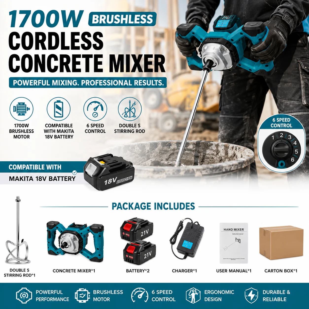 1700W Bürstenloser Akku-Betonmischer, kompatibel mit Makita 18V Akku, 6-Gang-Elektrozementmischer für Mörtel, Farbe, Gips, Klebstoff, Fugenmörtel, Fliesenkleber, Mischbohrer, Baumaschine,
