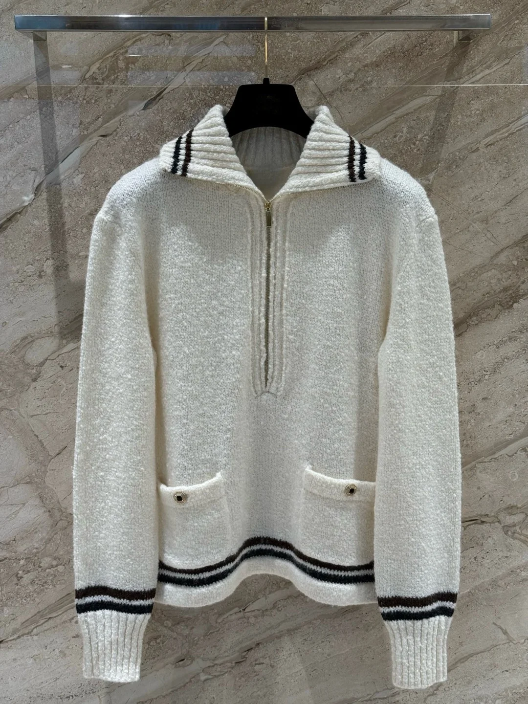 

Women's ski sweater, half zip cashmere, quilted pattern, cream white, turtleneck, sporty elegant