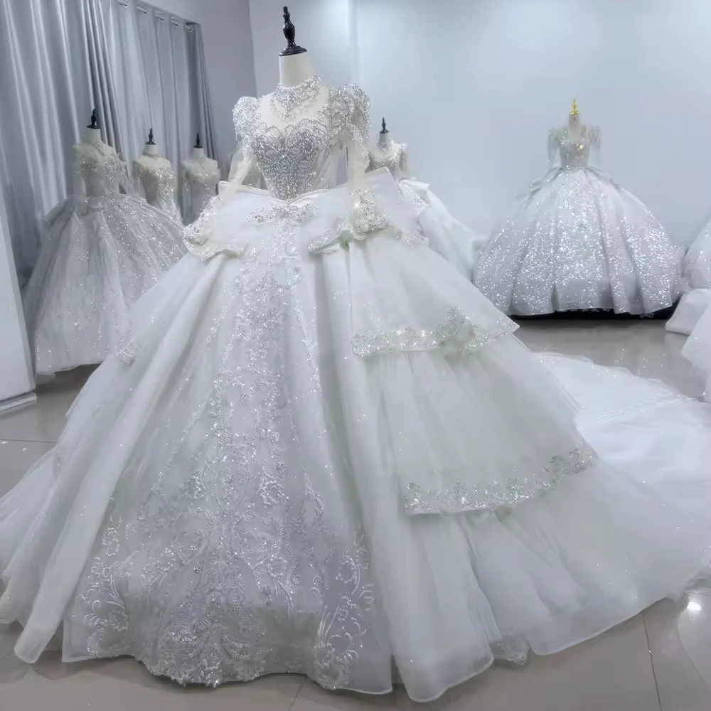 

Vestido Noiva Casamento Гражданское свадебное платье с длинным рукавом и высоким воротом, бальное платье со шнуровкой сзади, многоуровневое свадебное платье с бантом и бисером
