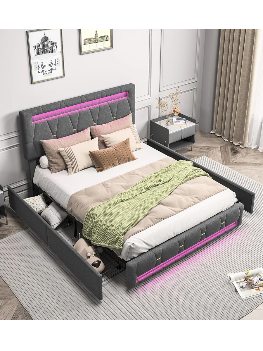 Superaly 140 x 200 cm Jugendbett, Polsterbett mit LED-Beleuchtung und USB-Ladefunktion, Bett mit Stauraum und 4 Schubladen, verstellbares Kopfteil, Leinen, Grau
