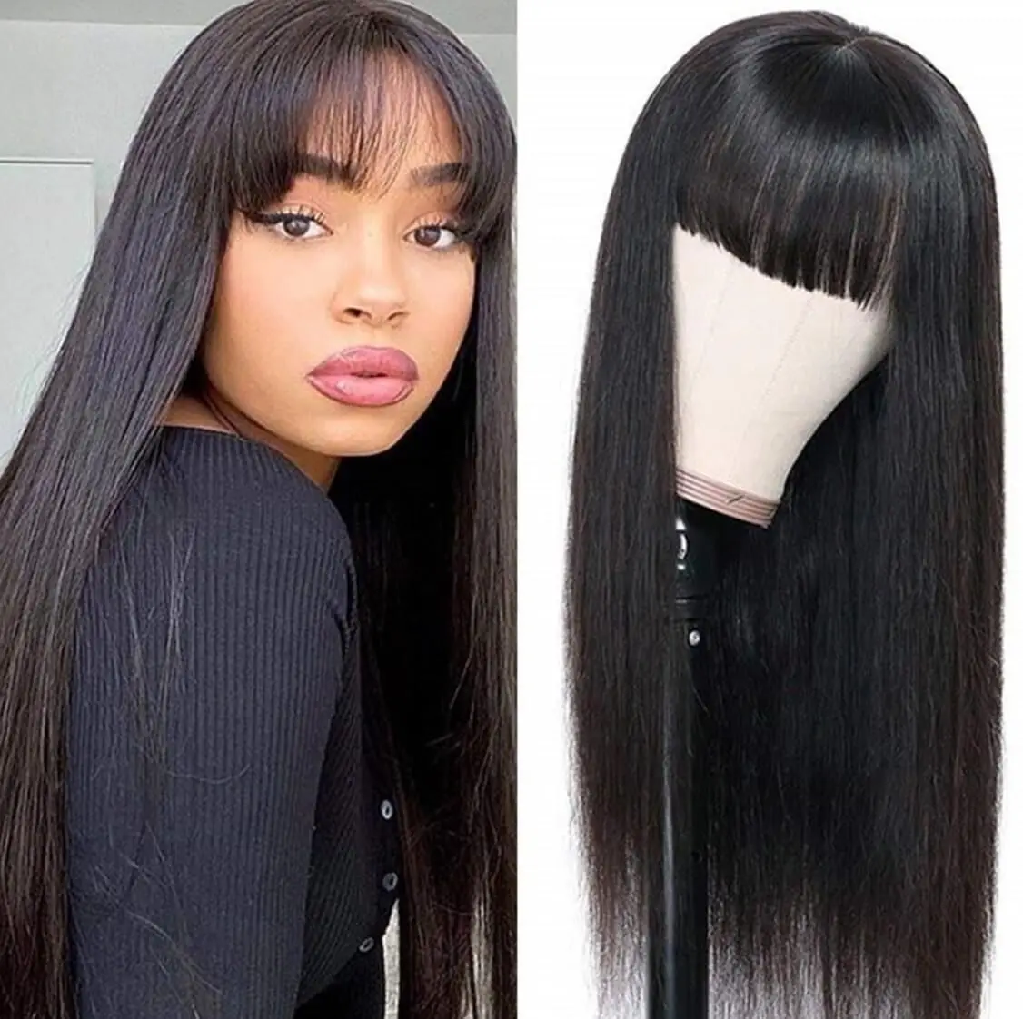 Raw Indian 100% Human Hair Wig With Bangs 32 34 Inch Full Machine Made Wigs With Bangs Long Hair Remy Hair Black Wig With Bangs