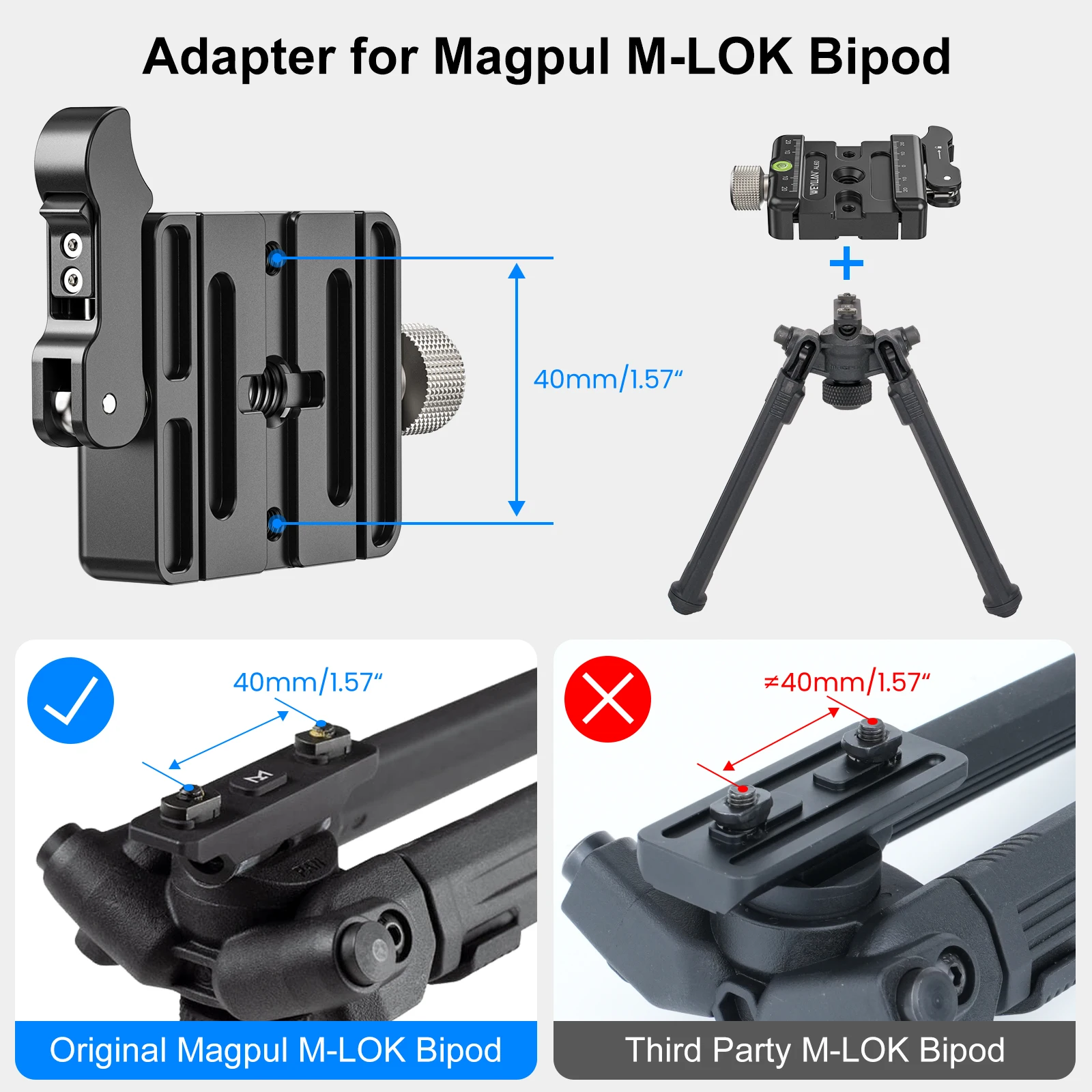 WEYLLAN AL60 Arca Swiss Lever Quick Release Clamp 60mm Q.R Plate Adapter for Camera Mlok Rail & Magpul Bipod with Bubble Level