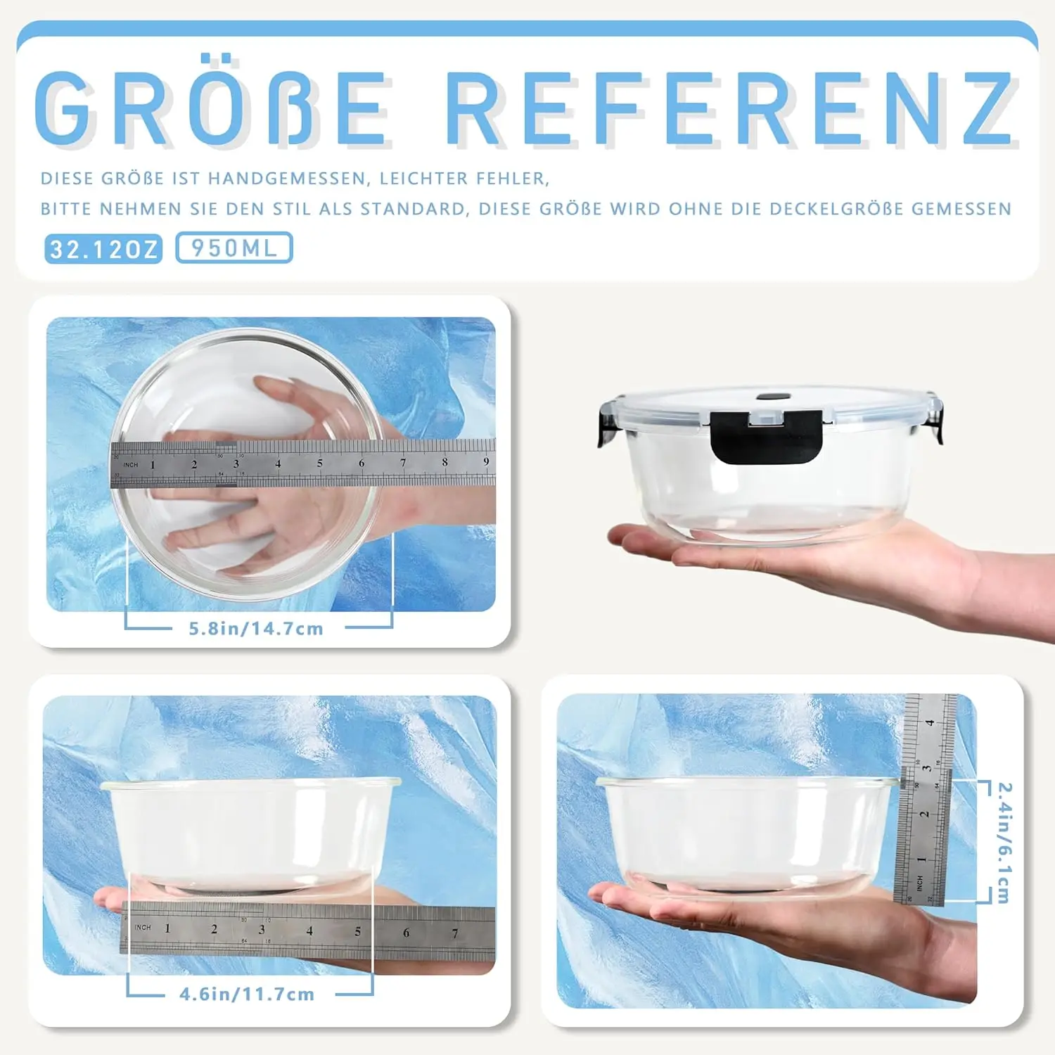 6 x 950ml Glas-Lebensmittelbehälter mit luftdichten Deckeln, geeignet für Kühlschrank und Mikrowelle, BPA-frei. – Detail 2
